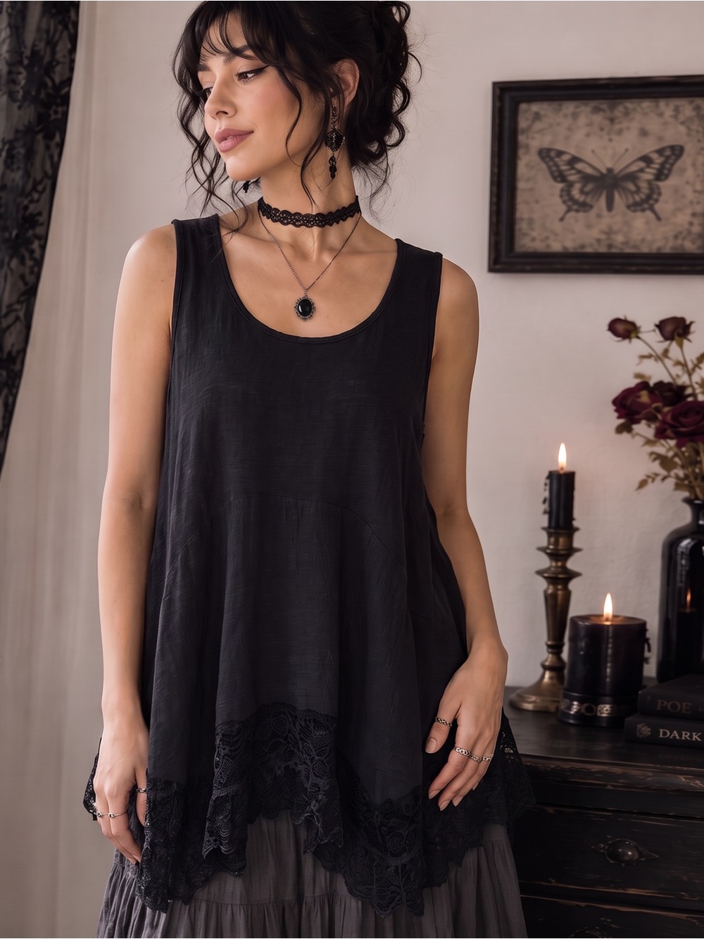 SOLITAIRE Gauze Lace Trim Top